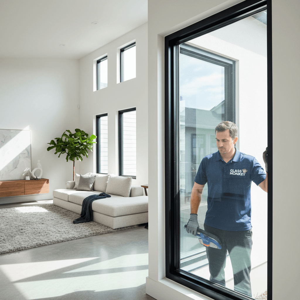 Glass installer in branded shirt fitting a window in a modern home with sunlight
