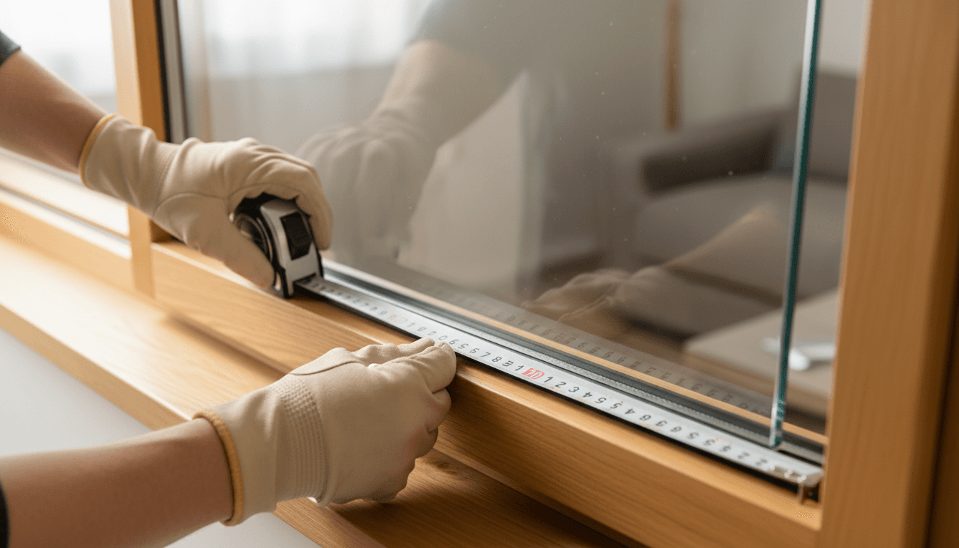 A bright, editorial aesthetic close-up of a professional glass installer's hands carefully measuring and fitting a custom glass window pane into a residential frame
