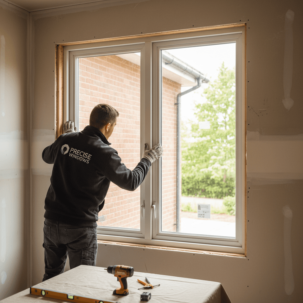 Professional technician installing a new residential window with careful precision