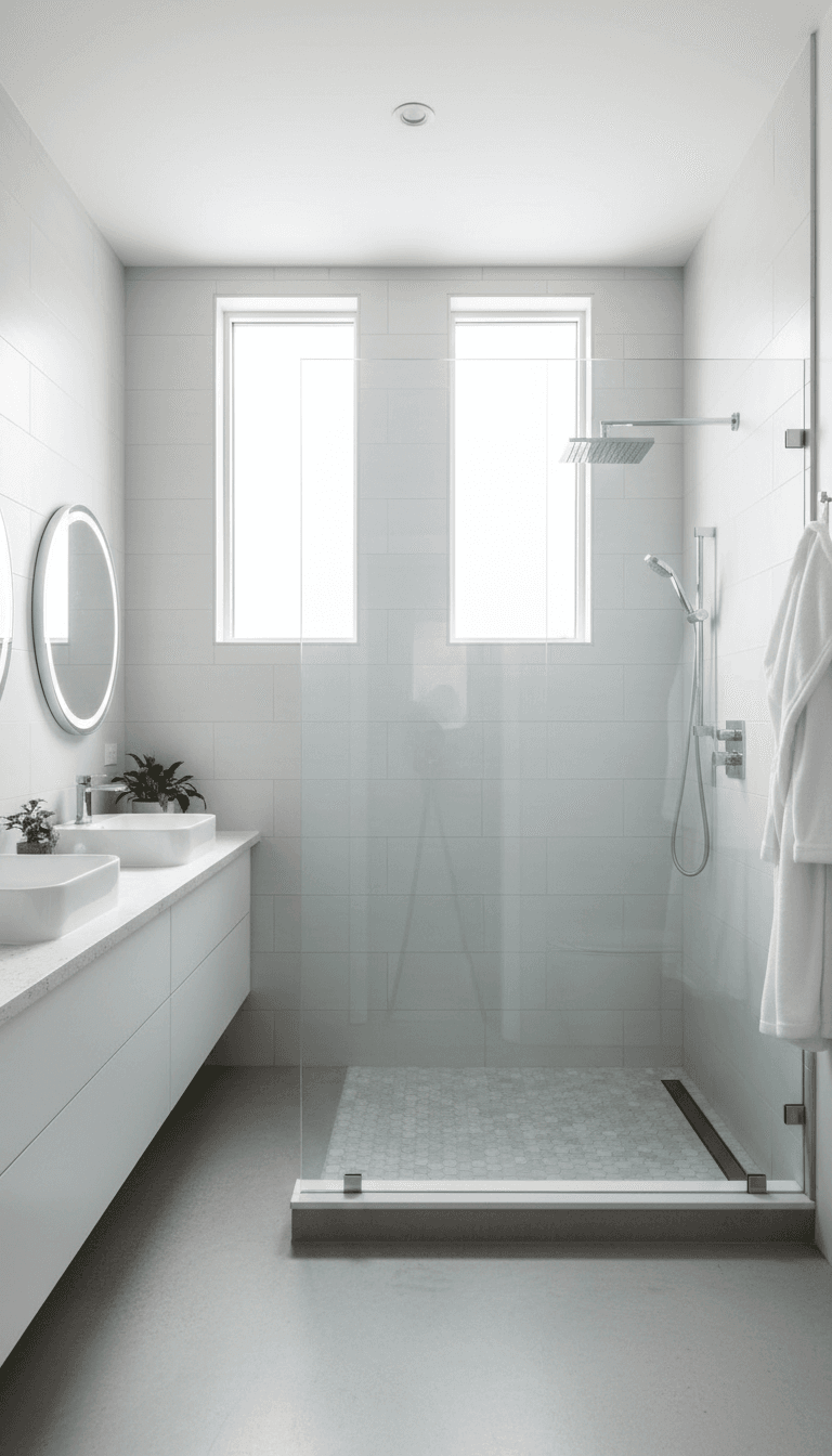 Completed frameless shower glass installation in modern bathroom