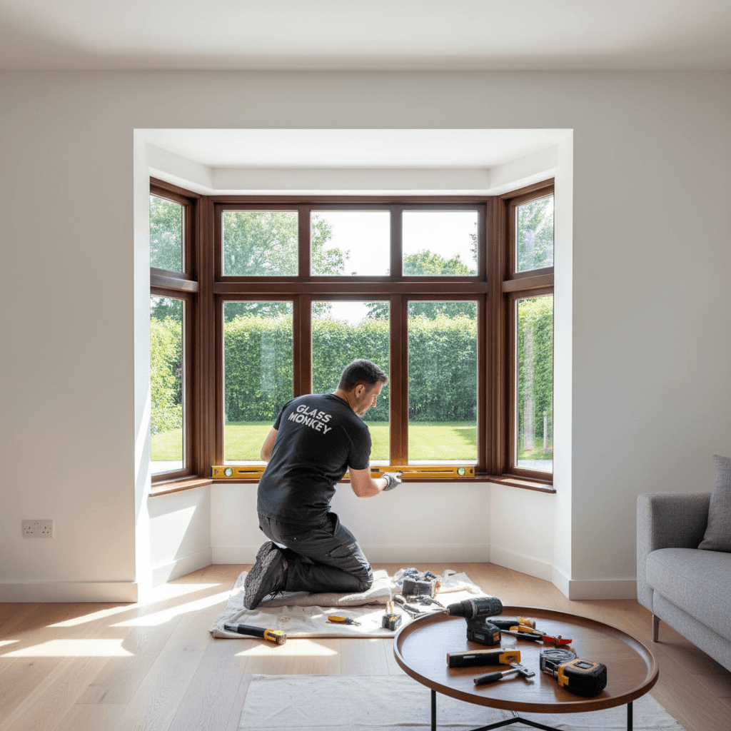 Technician installing a custom bay window with precise alignment in a modern home interior.