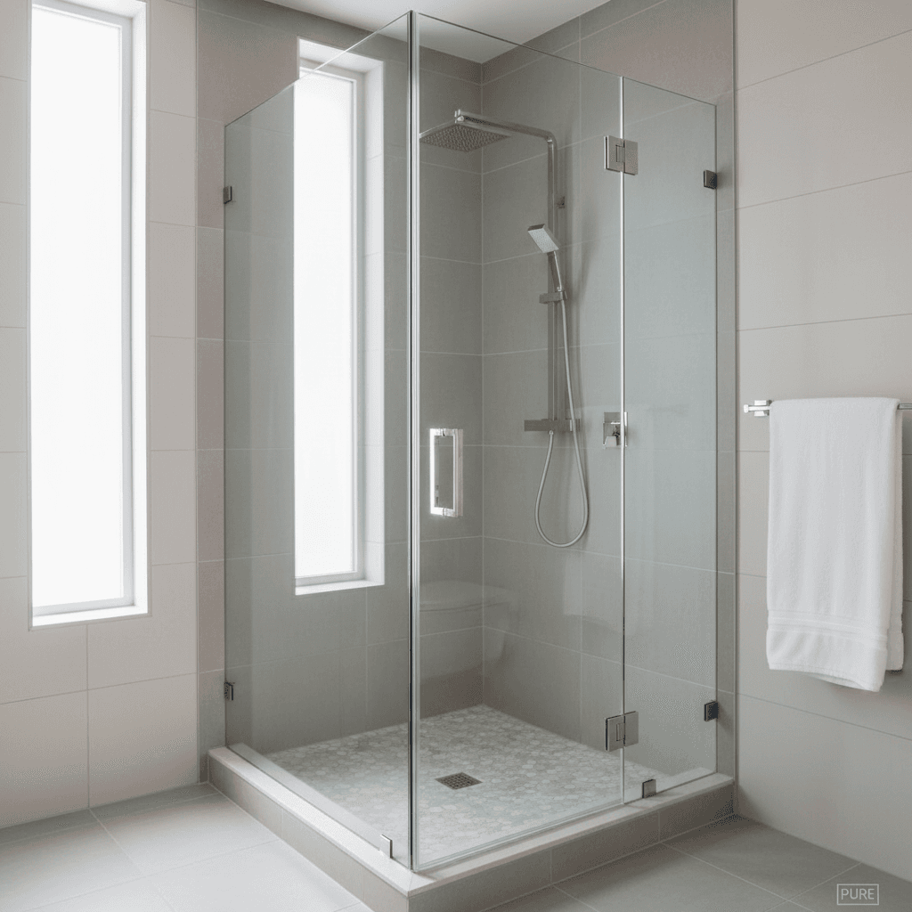 Modern frameless shower glass enclosure in a contemporary bathroom
