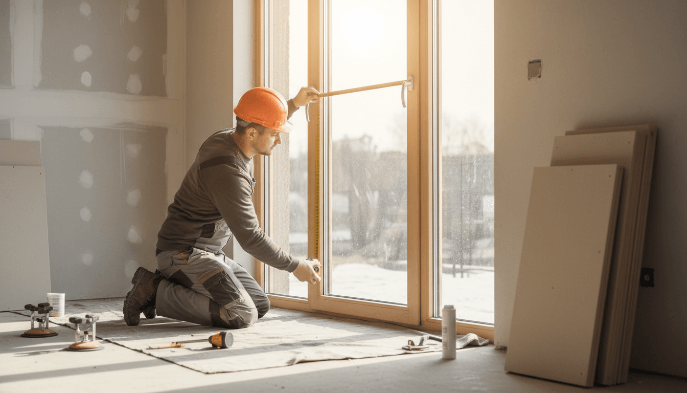 Professional glass installer measuring and fitting a residential window with precision