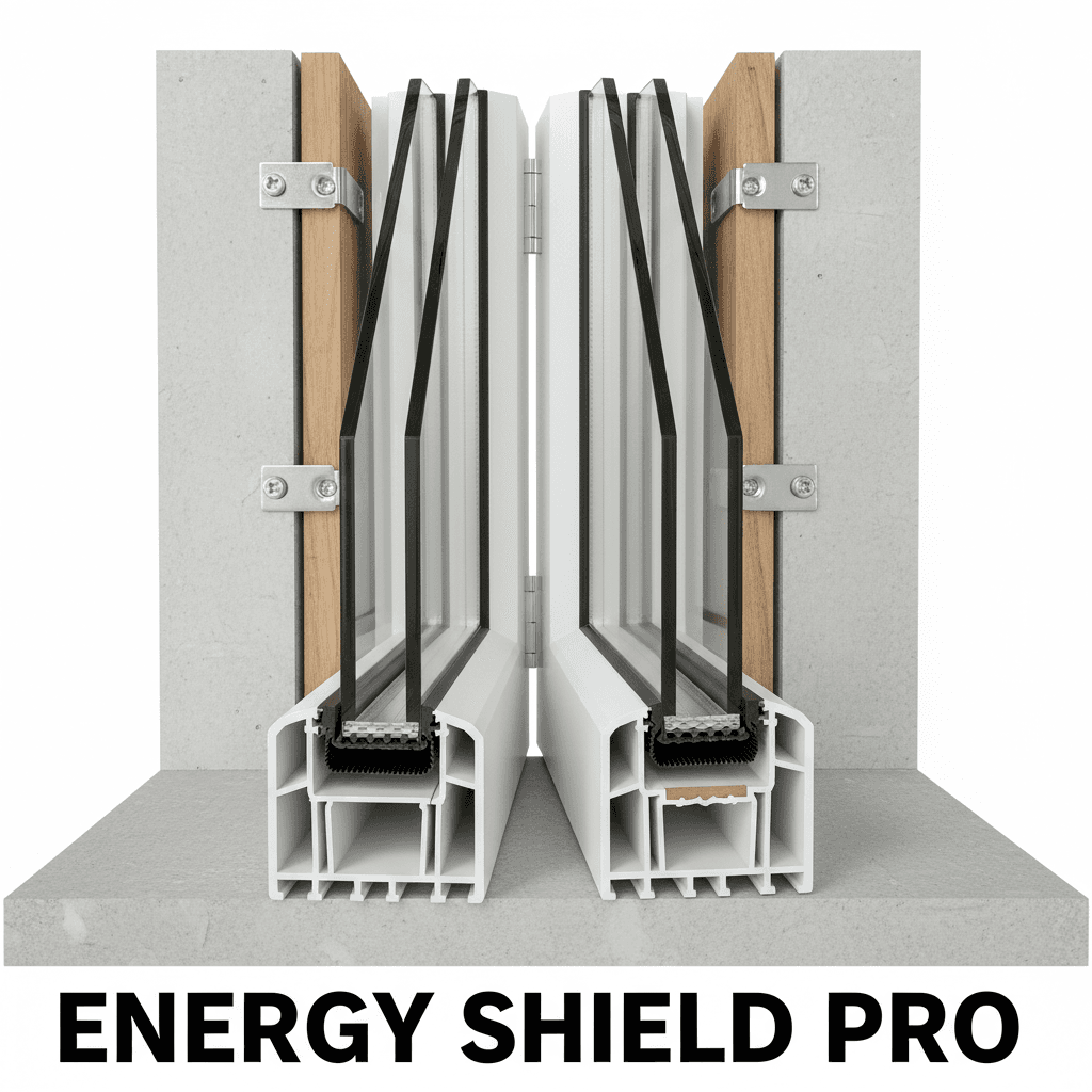 Overhead detail view of double-pane window showing frame profile, glass panes, and weather-stripping components