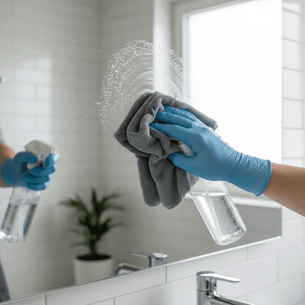 Gloved hands polishing bathroom mirror with microfiber cloth and spray, creating gleaming reflective surface